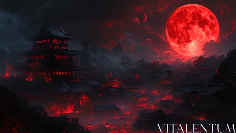 Apocalyptic red moon over burning feudal Japanese cityscape
