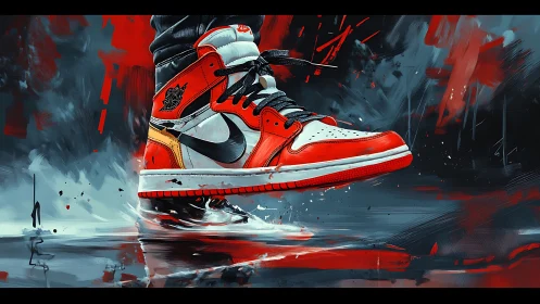 Streetlit sneaker rockets upward through liquid neon puddles