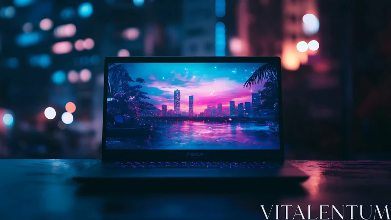 Neon city sunset glowing from a laptop on a rainy night.