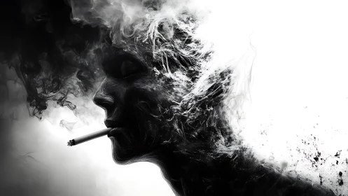 Smoky portrait dissolves into swirling monochrome abstraction.