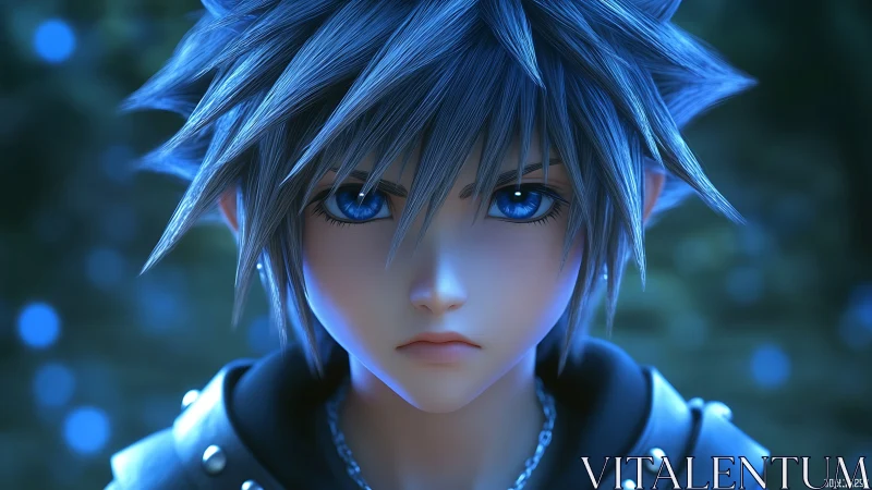 Blue-haired anime boy stares ahead with intense focus