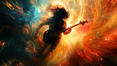 Cosmic bass guitarist engulfed in swirling nebulae blaze.