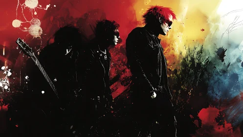 Silhouetted rock musicians against multicolor splatter field.