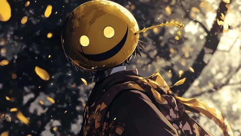 Autumn-lit figure with spherical emoticon mask and drifting petals.
