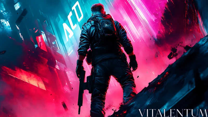 Armed figure in neon-lit urban sci-fi corridor at night.