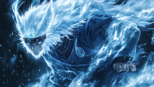 Fierce ice warrior surges forward wrapped in flowing power