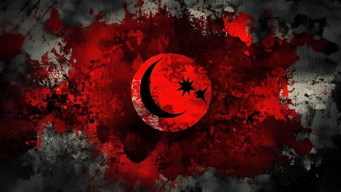 Digital painting of abstract crescent emblem on splattered field.