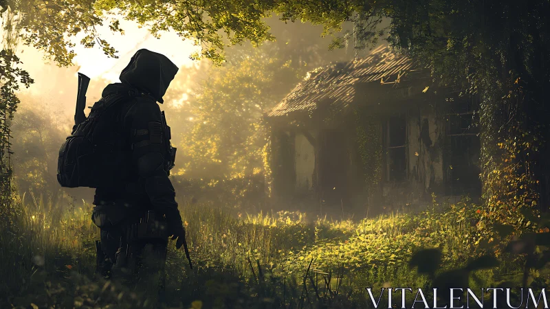 Armed wanderer surveys overgrown cottage in cinematic backlight