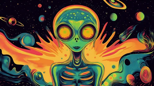 Neon cosmic visitor drifting through a swirling painted galaxy.