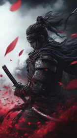 Armored swordsman amid red petals in stormy landscape.
