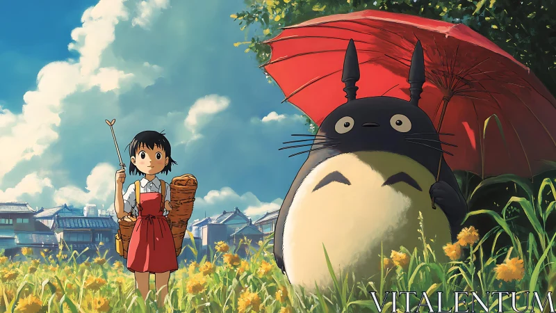 Girl and large creature under umbrella in summer field.