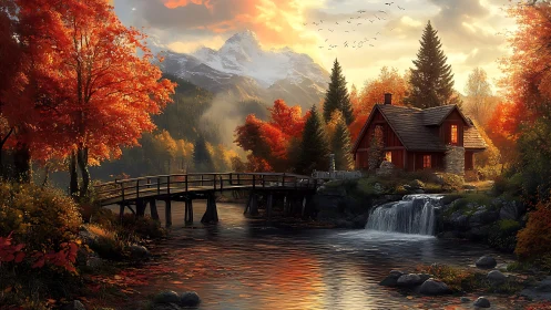 Autumnal riverside cabin, bridge, and waterfall panorama scene.