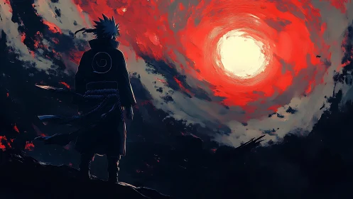 Cloaked figure stands under large red vortex sky