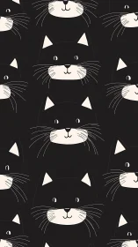Black and White Repeating Cat Face Pattern Design.