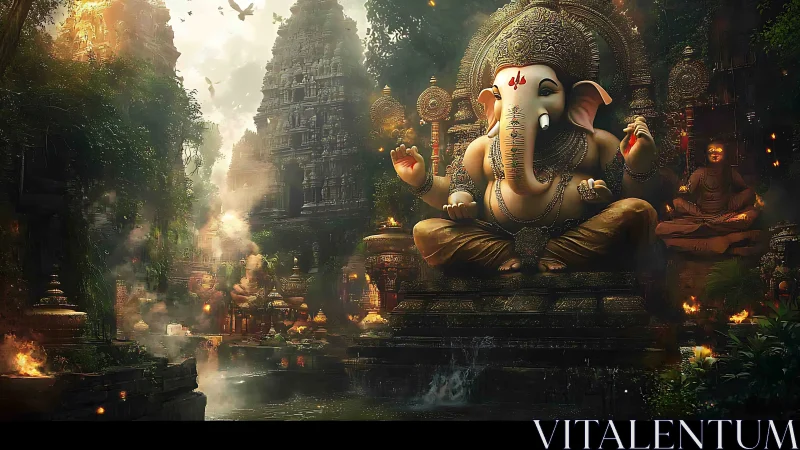 Majestic Ganesha statue guards mystical jungle temple complex.