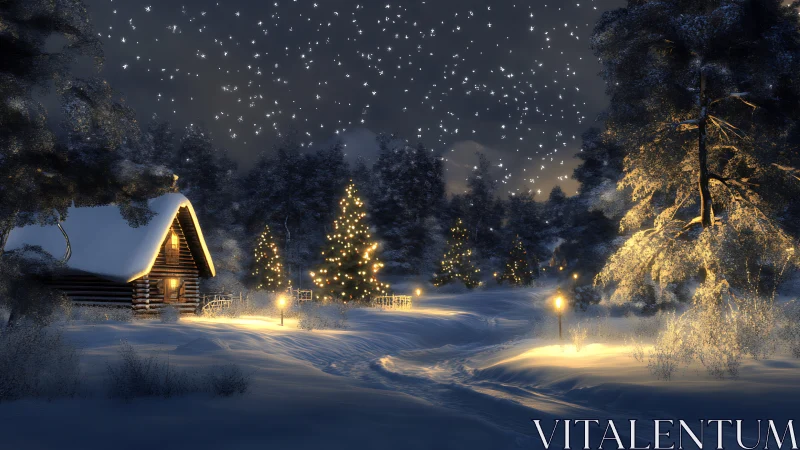 Snow-covered cabin and illuminated trees in winter forest.