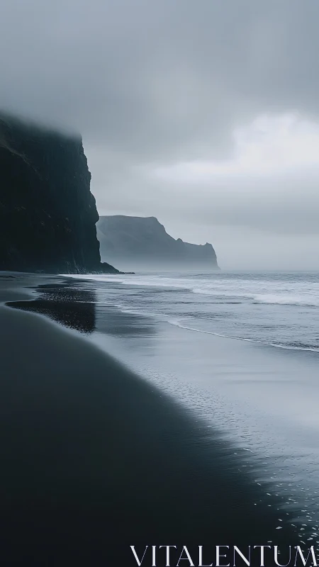 Silent black sand shoreline wrapped in gentle ocean mist.