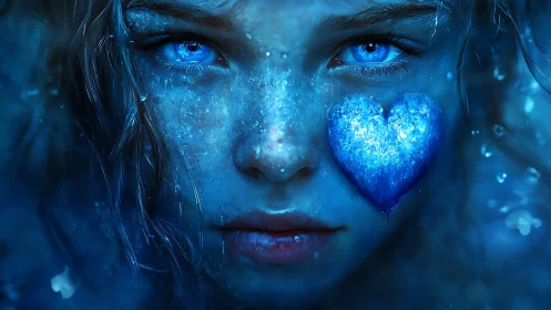 Close-up digital portrait shows blue-lit face and heart mark