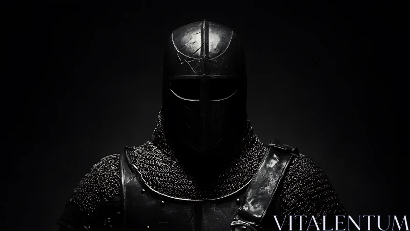 Shadowed medieval knight stands in worn black battle armor