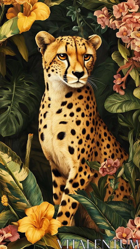 Digital painting of cheetah amid lush tropical florals vertical.