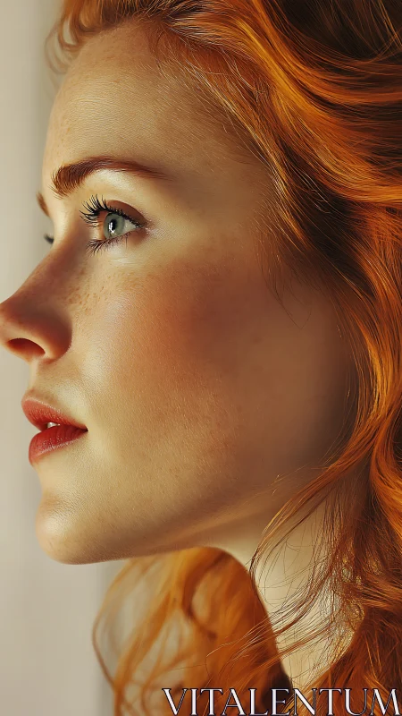 Profile study of red-haired woman in soft side lighting.