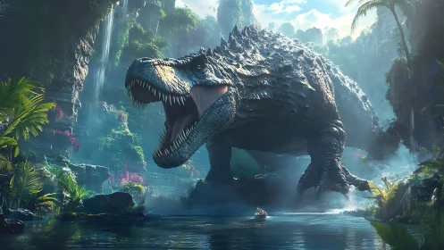 Colossal spiked dinosaur towering above misty jungle river.