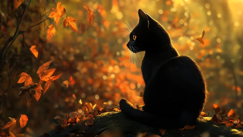 Black Cat Silhouette Among Golden Autumn Leaves.