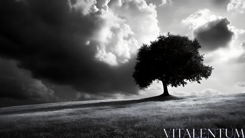 Solitary tree anchors storm-lit hillside in monochrome landscape