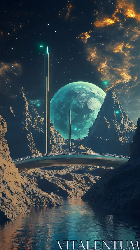 Futuristic bridge and spires on rocky alien shoreline at night.