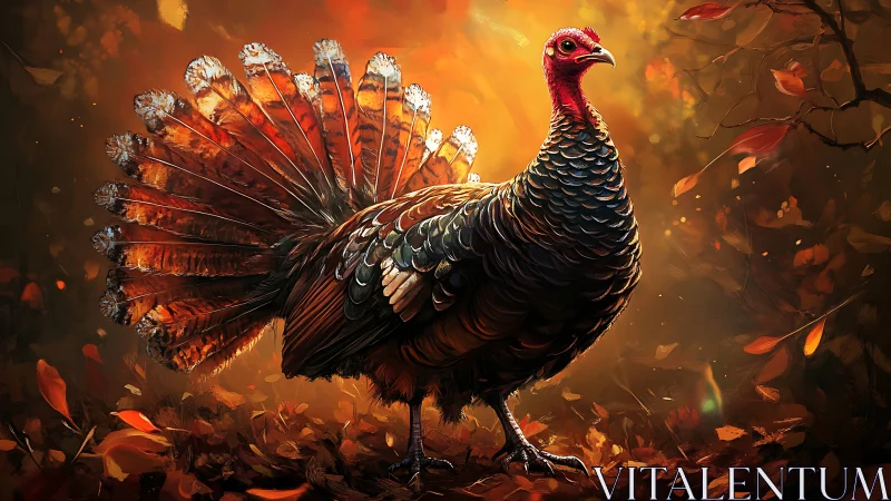 Proud autumn turkey glowing in warm golden forest light.