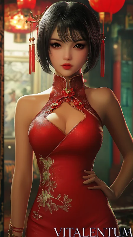 Lunar lantern muse in scarlet cheongsam splendor stands poised.