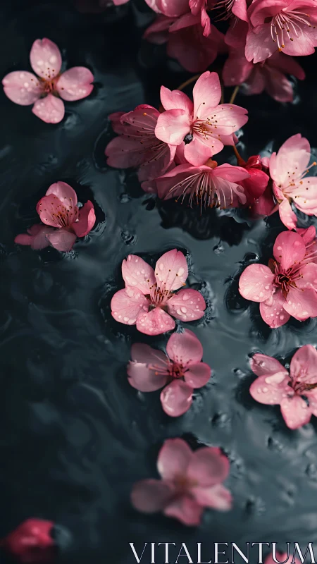 Pink Blossoms Floating on Dark Water Surface with Dewdrops