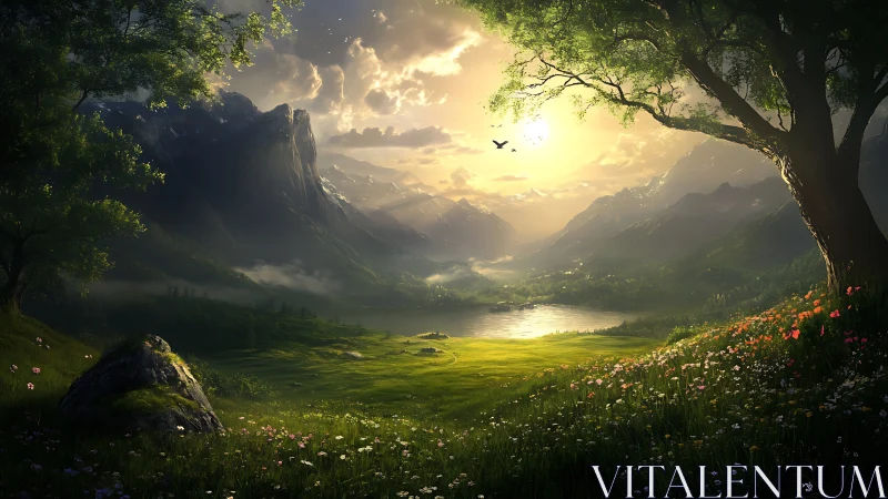 Sunlit alpine valley with luminous lake and wildflower meadow.