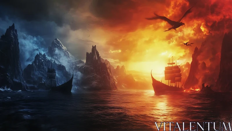 Dragons Over Twin Seas of Fire and Shadow at Dusk.