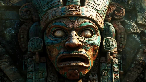 Mesoamerican stone deity relief with weathered turquoise inlay.