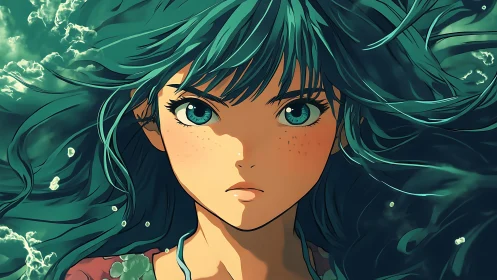 Determined anime heroine framed by dynamic aqua-toned currents