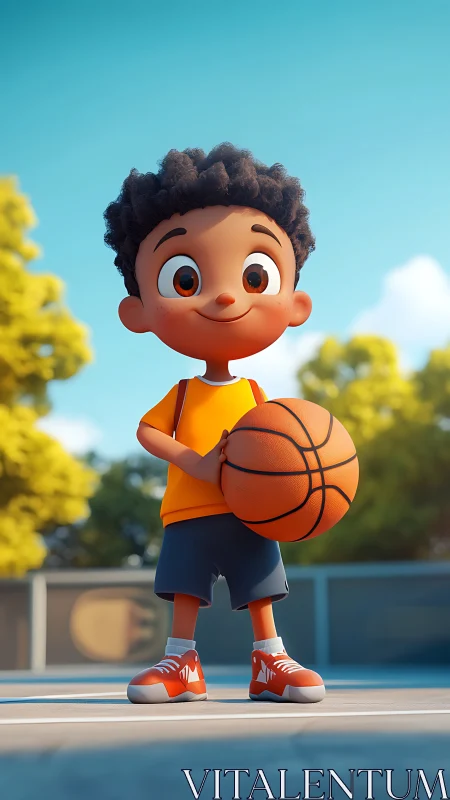 Sunny court moment with stylized kid holding basketball.