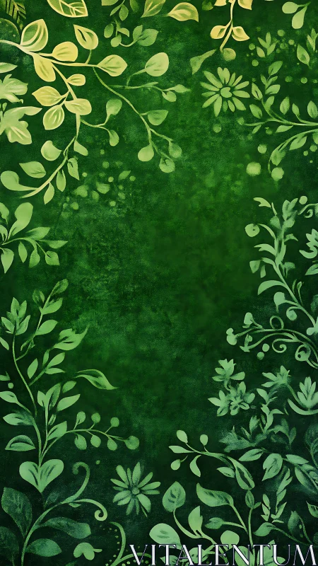 Green foliage border background with stylized floral pattern.