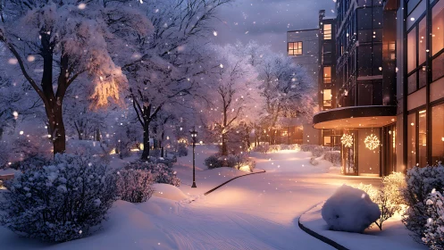 Modern apartment building entrance in quiet snowy evening.