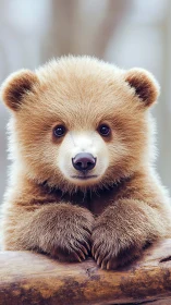 Gentle baby bear gazes forward with soft curious warmth