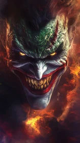 Flaming demonic clown visage emerging from swirling darkness.