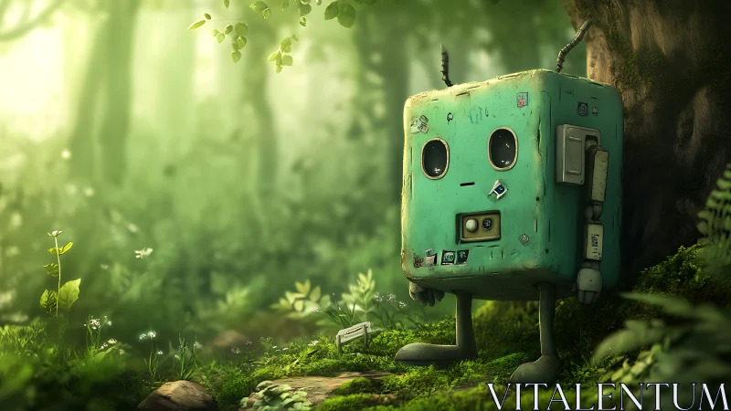 Boxy forest rover pauses to daydream under mossy light