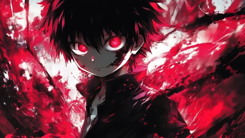 Dark haired anime figure stands amid red abstract energy field