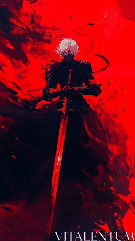 White-haired dark knight stands amid a storm of crimson fury