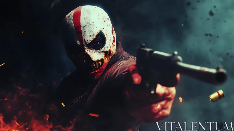 Masked gunman aims pistol amid smoke and flying embers.