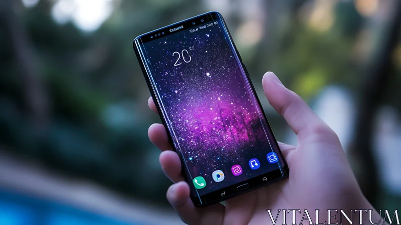 Samsung Galaxy smartphone displaying dynamic particle wallpaper.