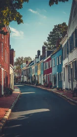 Quiet rainbow row of townhouses along a curling street.