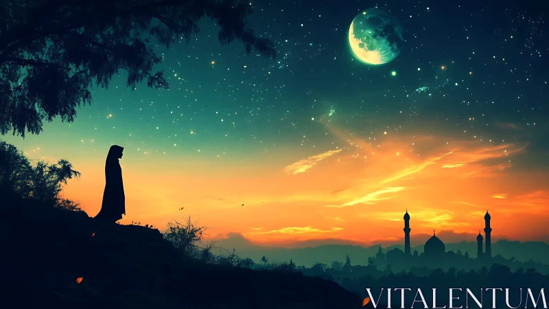 Solitary cloaked figure at dusk over glowing cityscape.