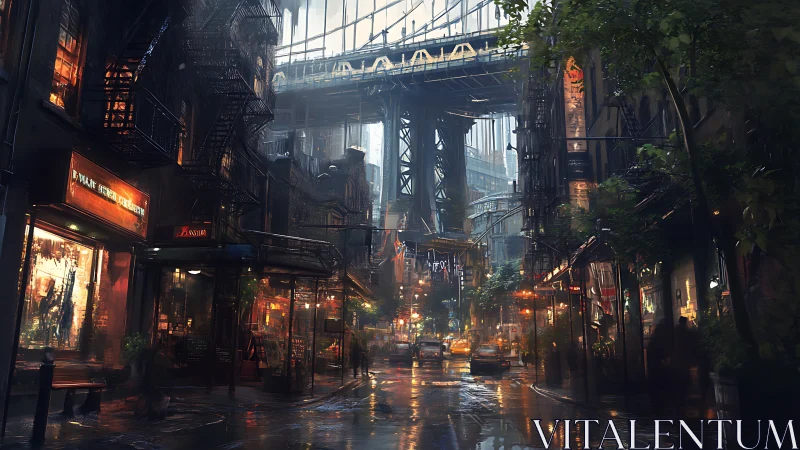 Rain-soaked cyber-noir street under elevated transit bridge