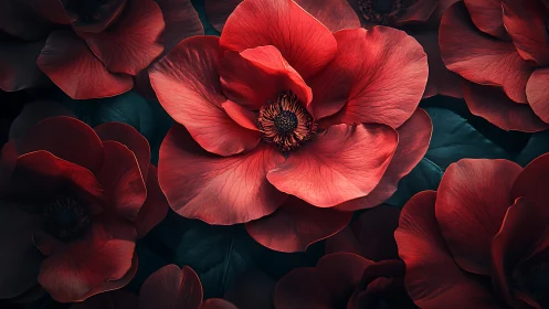 Red Anemone Flowers Against Dark Teal Background.